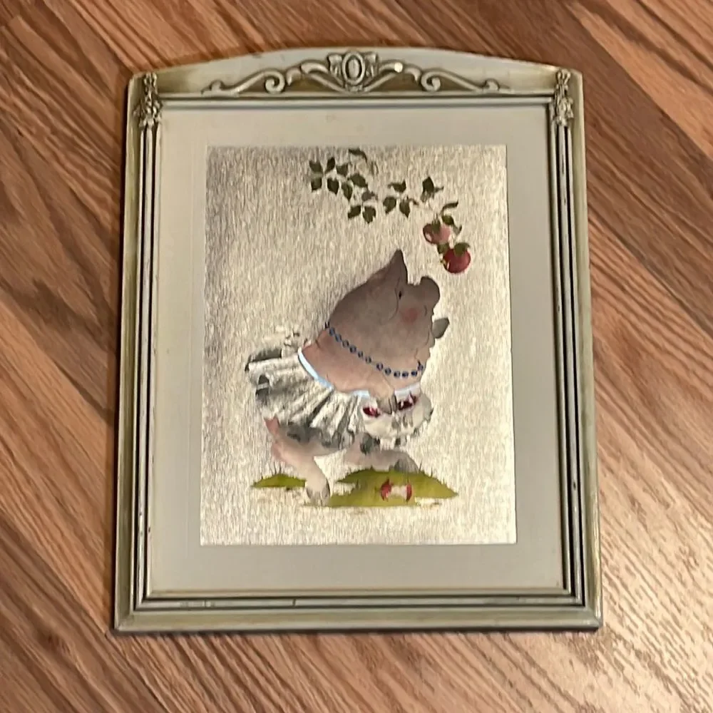 Vintage Framed Foil Pig in Tutu Print, at les, pears, ballet 9 x 11.5